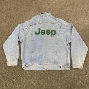 Jeep Denim Jacket Lee Trucker Riders Size LG Med Wash Distressed vtg Wrangler